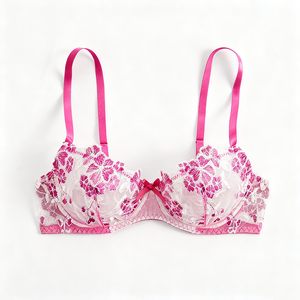 Mujeres verano Rosa rojo Sexy sujetador traje ropa interior con flor de lirio bordado encaje Bikini bragas conjunto de lencería - Product Image 2