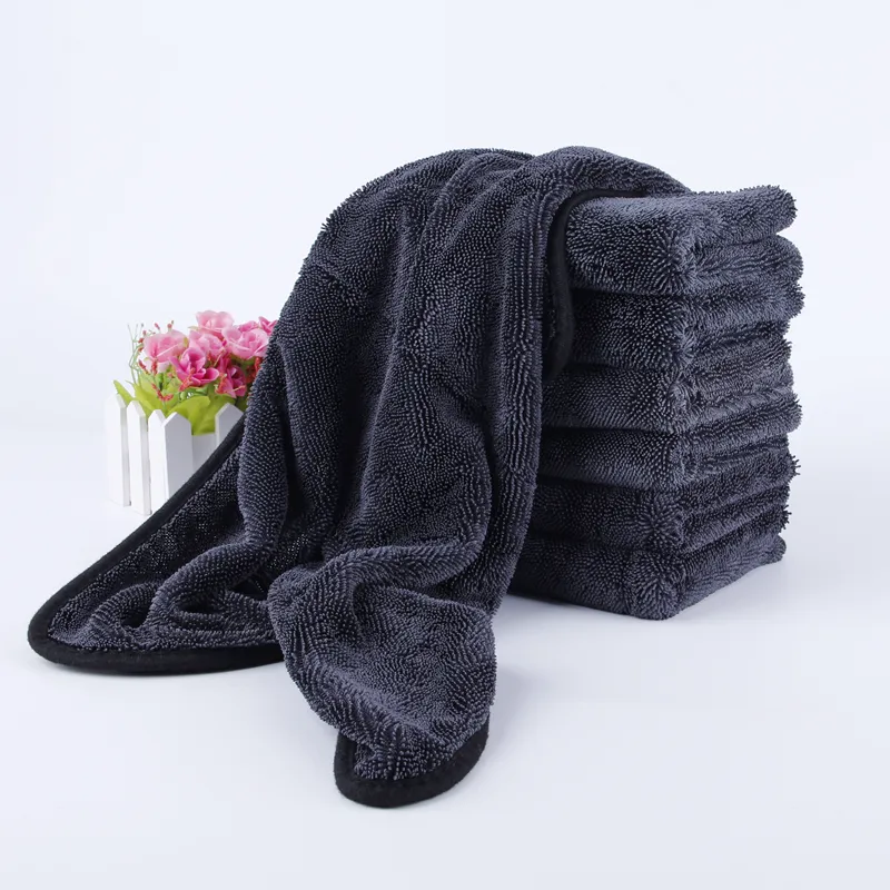 Wholesale car pro 1200gsm 1300gsm solid color double side microfiber deluxe dual black microfibre drying towel for car monster