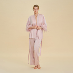 Peach Pink Satin Long Sleeve Pajama Set With <b>Feather</b> <b>Cuffs</b> For Women Loungewear Sleepwear Home Wear - Product Image 1
