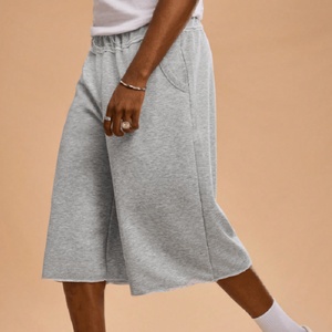 Shorts en coton gris pour homme, taille élastique, poches, style décontracté, mi-longs, tricotés, respirants - Product Image 2