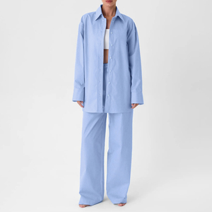 Abiti classici <span class=keywords><strong>in</strong></span> <span class=keywords><strong>cotone</strong></span> a maniche lunghe a righe blu 2025 Set di 2 pezzi da <span class=keywords><strong>donna</strong></span> Set di pantaloni e camicia da <span class=keywords><strong>donna</strong></span> autunnali - Product Image 1