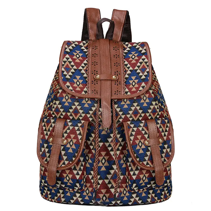 Mochila de lona estampada, vintage, para mulheres, meninas, para escola, com cordão, boêmio