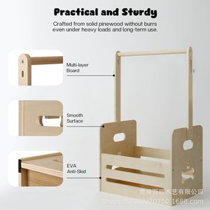 Wooden Pet Supply <b>Storage</b> Basket With <b>Clothes</b> Hanger Portable Toy Organizer For Cat Dog Natural Wood Color Rectangular Standing - Product Image 2