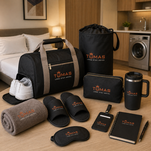Travel Comfort Kit With Duffel Bag Slippers Water Bottle Notebook Sleep Mask Towel Pen for Business Guests And Corporate Events - Product Image 4