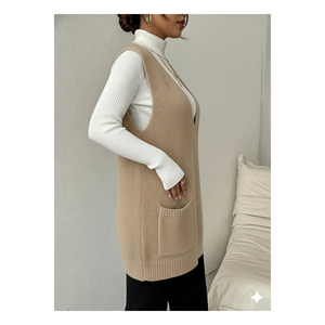 Chaleco de punto con cuello en V profundo y bolsillos para mujer, tallas S M XL, largo 85 cm - Product Image 2
