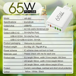 Hot Upgraded EU/<b>US</b>/UK 65W Quick Charge 5 Port PD Charger Block 3 USB Charger Station Multi Plug Outlet Cellphone Charger <b>Adapter</b> - Product Image 5