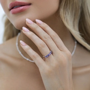 Anillo de Boda y Aniversario Personalizado de Plata de Ley 925 con Circonita Ovalada, Media Eternidad, Chapado en Oro de 14K para Mujer - Product Image 3