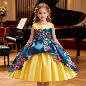 Vestido amarillo floral de corte asimétrico para niña, vestido de princesa de satén sin mangas, vestido de fiesta, vestido de <span class=keywords><strong>invitada</strong></span> de boda, vestido formal para niñas - Product Image 3