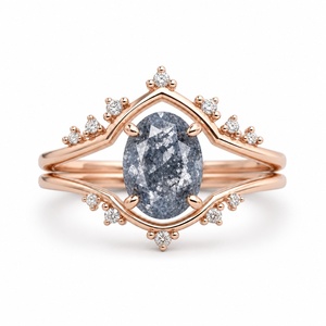 Round Natural Salt Pepper Diamond Promise Ring 925 Sterling Silver Rhodium Rose Gold Plated <b>Tiara</b> <b>Crown</b> Double Band Wedding Gift - Product Image 1