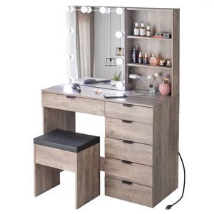 <b>Vanity</b> Desk with Sliding <b>Mirror</b> & Lights Charging Station Drawers, Farmhouse Modern <b>Makeup</b> Set Stool for Bedroom - Product Image 1