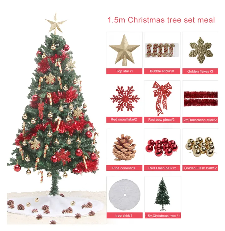 Nuove decorazioni natalizie Set albero in PVC con stella superiore/fiocco/palline/orpello/ornamenti gonna albero di natale