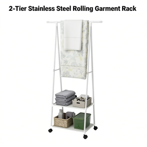 Porte-vêtements à roulettes en acier inoxydable à 2 niveaux avec étagère, organiseur de vêtements portable pour la maison et la salle de bain - Product Image 1