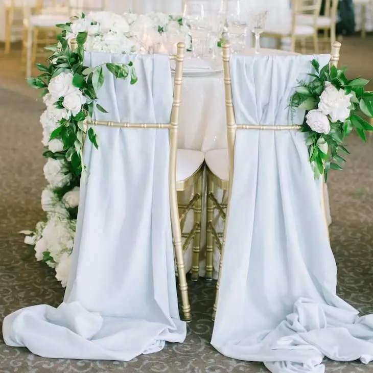 Fascia per sedia in chiffon da sposa all'ingrosso elegante lunga in chiffon morbido per sedia blu per feste nuziali