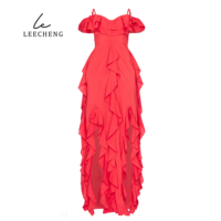 Robe de plage en mousseline de soie rouge rose sur mesure Bretelles à manches courtes en dentelle coupe-taille fente ludique longueur au sol Design taille naturelle