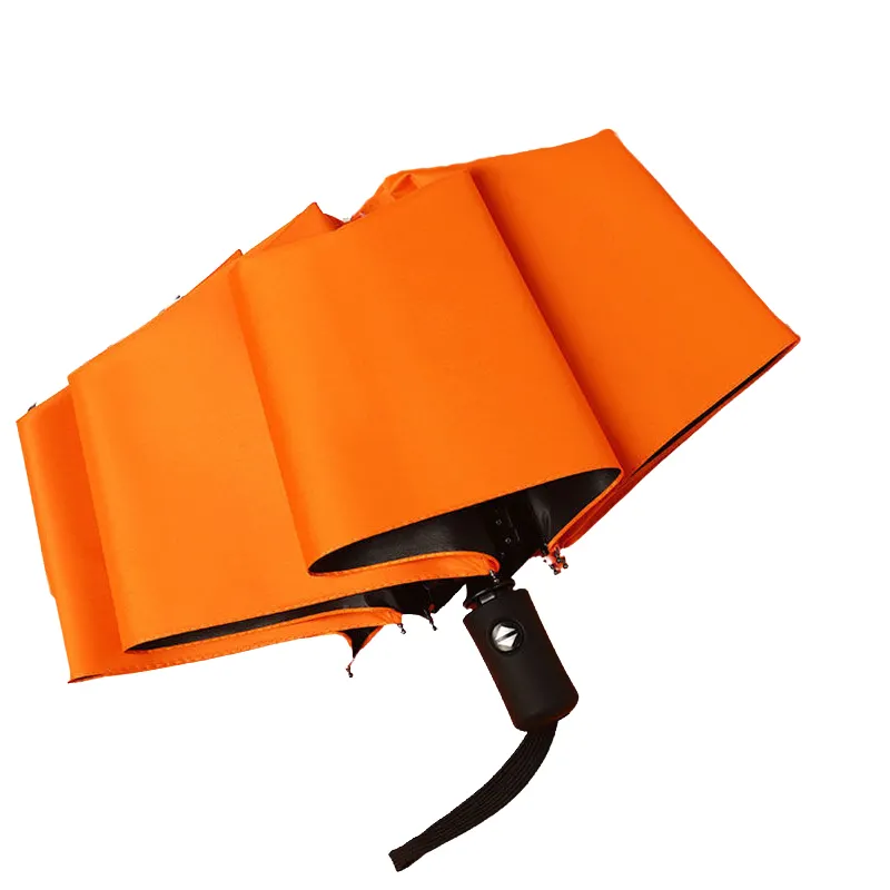 2024 China Cheap Promotional Orange 3 Uv Fold Wood 16 Ribs Handle Pure Rain Automatic Plain Umbrella With Rope