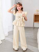 Ensemble deux pièces d'été pour filles, haut style licou à bordure feuillagée et pantalon large, style floral et uni, tenue décontractée pour grandes filles