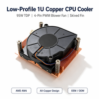 Ventilateur de refroidissement CPU en cuivre 1U à profil bas, 95W TDP, 4 broches PWM, à ailettes cannelées pour AMD AM4 Ryzen 5 5600X, refroidissement par air pour serveur