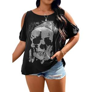 Camiseta de Manga Corta con Estampado de Calavera para Mujer, Talla Grande, Hombros Descubiertos, Transpirable, Informal, para Verano - Product Image 1