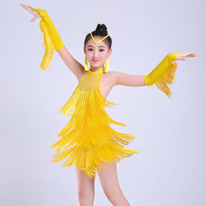 Traje de baile latino con borlas para niños, ropa de actuación de manga larga de spandex para niñas, verano 2016, amarillo, rojo, azul, rojo rosa - Product Image 3