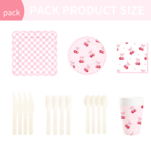 ชุดตกแต่งธีมงานวันเกิด DAMAI ขายส่งจำนวนมาก ชุดจานกระดาษลายตารางสีชมพู ใบเชอร์รี่ ผ้าปูโต๊ะ อุปกรณ์จัดเลี้ยงแบบใช้แล้วทิ้ง - Product Image 6