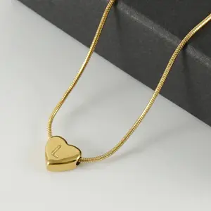 Stainless Steel Heart-shaped Letter Pendant Necklace 18k Gold Plated Fashionable Snake Bone Chain Women Jewelry