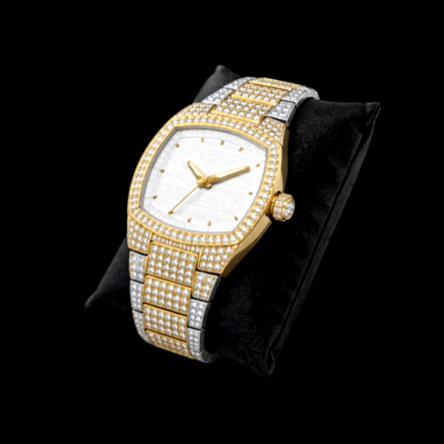 Luxury White Dial Diamond Paved Tonneau Watch With Gold Tone Diamond Set Band Elegant Statement Timepiece Style