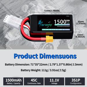 แบตเตอรี่ลิโพ TERANTY 2S 3S 4S 7.4V 11.1V 14.8V 1500mAh 45C สำหรับรถบังคับ เรือบังคับ โดรน ควอดคอปเตอร์ รถบรรทุก เครื่องบิน FPV - Product Image 3