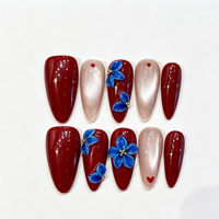 Desain Kuku Almond Merah Elegan Cat Eye 3D Bunga Kuku Tempel ABS Buatan Tangan 10 Pcs Kuku Almond Panjang Motif Bunga untuk Wanita
