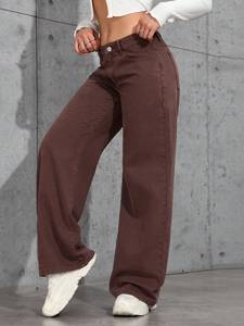 Jeans en denim <span class=keywords><strong>kaki</strong></span> respirant à <span class=keywords><strong>taille</strong></span> <span class=keywords><strong>haute</strong></span>, coupe ample et droite, pour femmes, décontracté, vintage, simple, été, service OEM - Product Image 5