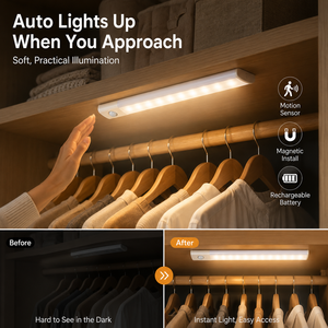 20CM Magnetic Closet Light, 3 Color Stepless Dimming Motion Activated Rechargeable LED Cabinet Lamp for Wardrobe <b>Kitchen</b> - Product Image 2