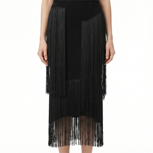 Nouvelle <span class=keywords><strong>jupe</strong></span> midi en tricot superposé à franges noires cousues main, élégante pour soirée, collection 2026 pour femme - Product Image 2