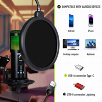 Microphone de jeu à condensateur filaire USB LED RGB RA-240L avec support pour PC karaoké et YouTube Microfonos