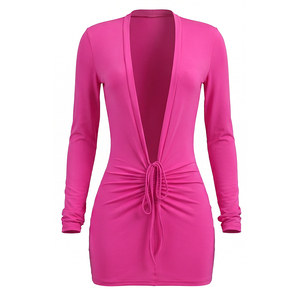 Viviblook J26DS248 Vestido de Fiesta Corto Ajustado de Verano para Mujer, Sexy, de Color Sólido, Manga Larga, Cuello en V Profundo - Product Image 6