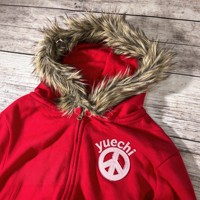 Sweat à capuche zippé rouge en polaire brossée style Y2K vintage, broderie signe de la paix, streetwear grunge unisexe, chaud pour l'hiver