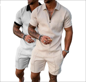 Costume d'été pour homme, taille S-5XL, nouveau, grande taille, décontracté, contraste de couleurs, chemise polo à fermeture éclair, col à revers, manches courtes, short - Product Image 1
