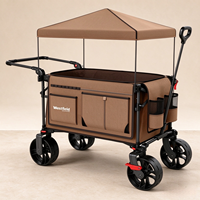 Chariot de camping pliable à quatre roues avec poignée réglable et pare-soleil pour le shopping et le rangement en extérieur