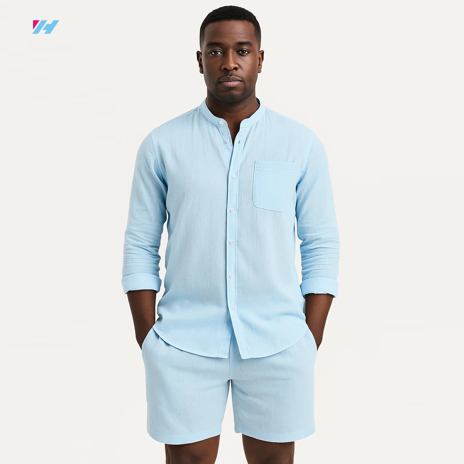 Ensemble 2 Pièces Pour Homme En Tissu Type Lin - Chemise Manches Longues Et Pantalon Assorti, Style Décontracté