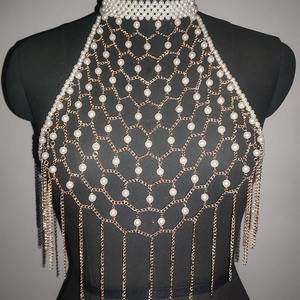 Cadena Corporal B2461 con Perlas, Cadena de Bikini con Cristales, Joyería de Tela para el Pecho - Product Image 1