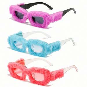 Gafas de Sol Cuadradas de Felpa Azul Rosa de Moda 2022, Gafas de Sol Rectangulares Pequeñas con Decoración de Felpa Suave para Mujer - Product Image 1