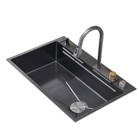 Évier de cuisine rectangulaire noir multifonctionnel en acier inoxydable moderne à double trou pour installation sous plan, style cascade