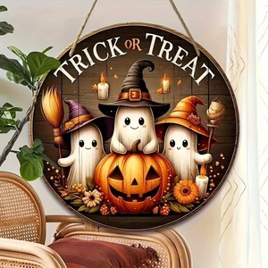 Señalización redonda de madera para Halloween: lindo fantasma, calabaza, diseño de sombrero de bruja, adecuado para el hogar, la puerta, el jardín, la decoración de Halloween - Product Image 1