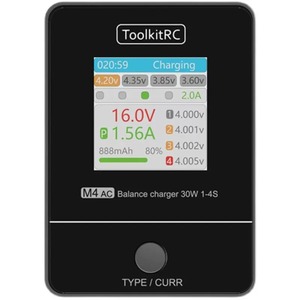 <span class=keywords><strong>Chargeur</strong></span> intelligent ToolkitRC M4AC AC 30W 2.5A pour batteries Lipo LiHV LiFe LipoStorage 1-4S avec écran IPS 1,54 pouces et adaptateur pour drone RC - Product Image 1