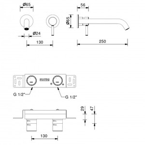 Fantini Nostromo montaggio a parete in ottone massiccio lavabo miscelatore a doppia maniglia rubinetti termostatici con finitura spazzolata - Product Image 2