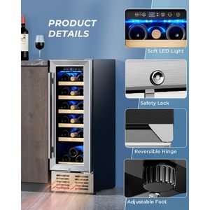 Enfriador de vino Euhome para 18 botellas, refrigerador de 12 pulgadas, empotrado o independiente, de acero inoxidable con puerta de vidrio aislante. - Product Image 6