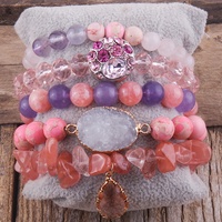 Ensemble de bracelets en perles de pierres précieuses naturelles en verre de cristal Ensemble de bracelets en alliage de quartz rose strass époxy papillon