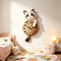 Jam Dinding Bertenaga Baterai Bergaya Kartun Kucing Boneka Rotan dengan Gerakan Detik Berjalan untuk Dekorasi Rumah, Ruang Tamu, Kamar Tidur.