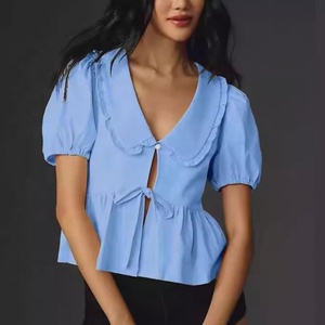 Chemise Ohsisa 2025 pour femme, nouvelle collection printemps-été, motif à pois, carreaux et couleur unie, manches courtes, col Claudine à lacets - Product Image 3