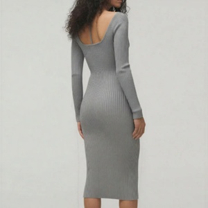 Robe midi en maille côtelée pour femme, épaules dénudées, col en V, moulante, élégante, pour soirée - Product Image 2