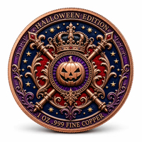 Pièce commémorative en cuivre fin 99,9 % de 1 once, avec relief 3D, motif Halloween (Sorcière, Chat, Chaudron), Fleur Violette, Lune, Chauve-souris, Souvenir, Pièce de défi, Cadeau de présentation
