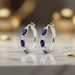 Orecchini a Cerchio E2204 con Gemma Blu, Argento 925, Montatura a Griffe, Taglio Brillante Rotondo, Classici da Donna per Uso Quotidiano - Product Image 2